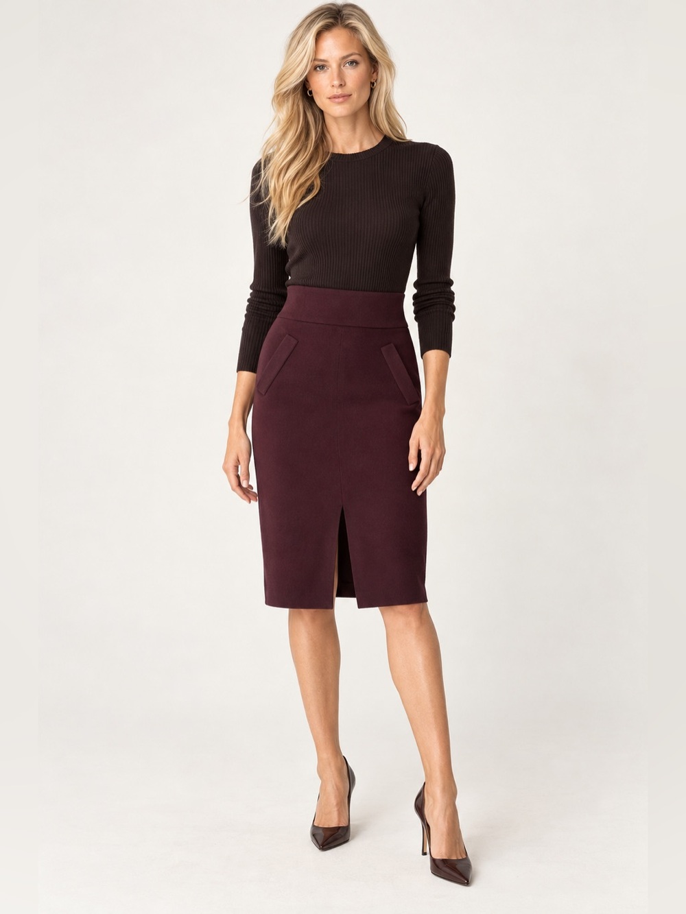 Club Monaco Sundith 100% Wool Burgundy Sweater Pencil Skirt Size S